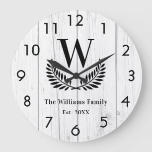 Family custom monogram rustic white wood large clock