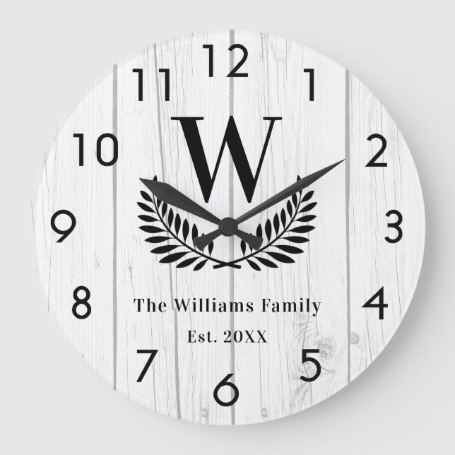 Family custom monogram rustic white wood large clock (Front)