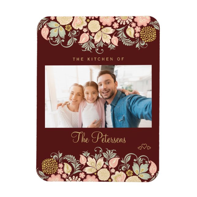 Family custom photo and text burgundy blush magnet (Vertical)
