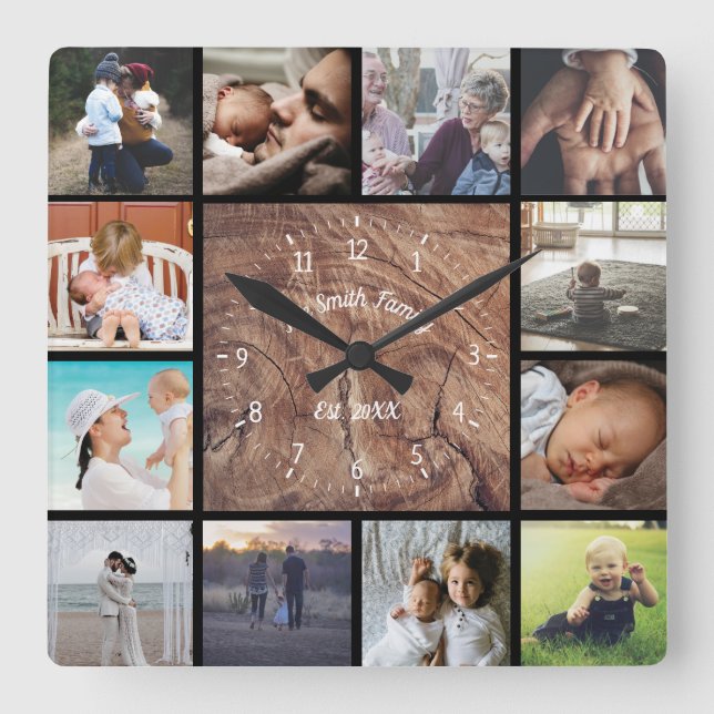 Family custom photo collage personalise wood  square wall clock (Front)