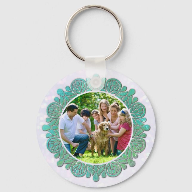 Family Custom Photo with Elegant Turquoise Mandala Key Ring (Front)