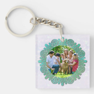 Family Custom Photo with Elegant Turquoise Mandala Key Ring