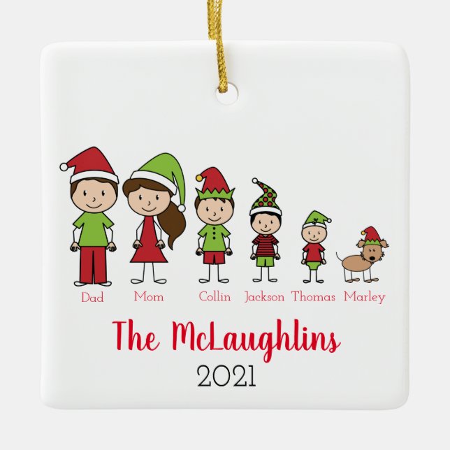 Family Cute Christmas Characters With Dog Ceramic Ornament (Front)