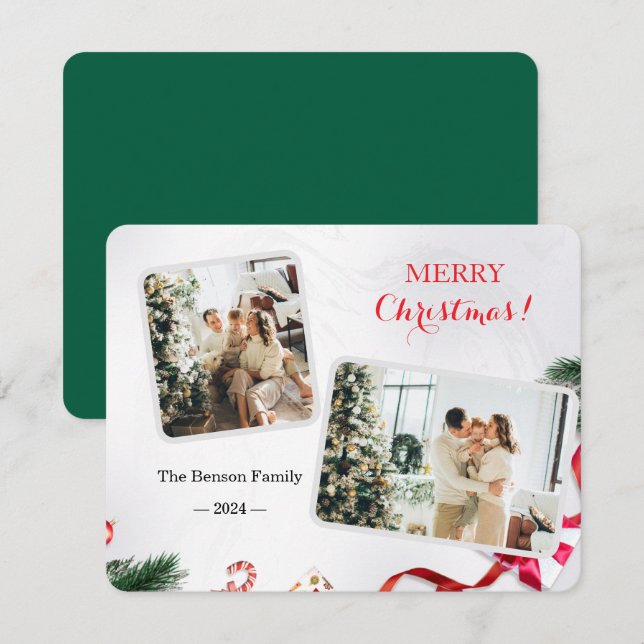 Family Cute Merry Christmas 2 Photo Holiday Card (Front/Back)