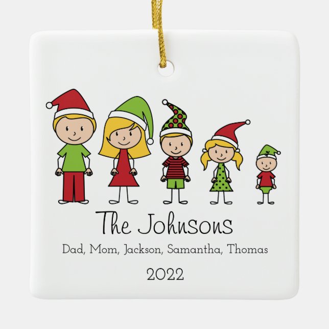 Family Cute Personalised Christmas Characters Ceramic Ornament (Front)