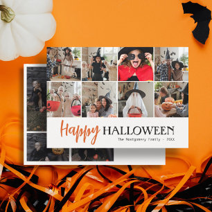 Family Cute Script Happy Halloween 12 Photo White Card