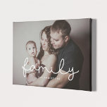 Family cute whimsical script family photo canvas print<br><div class="desc">Showcase your favourite family pictures with this modern print,  with the word Family in a beautiful text overlay. You can easily change the colour and size of the text to fit your picture.</div>