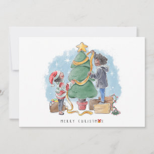Family Decorating Christmas Tree Holiday Card
