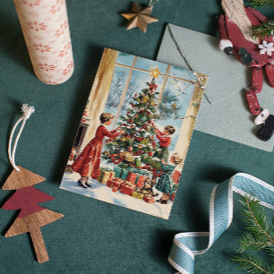  Family Decorating Tree Vintage Retro Christmas Holiday Card