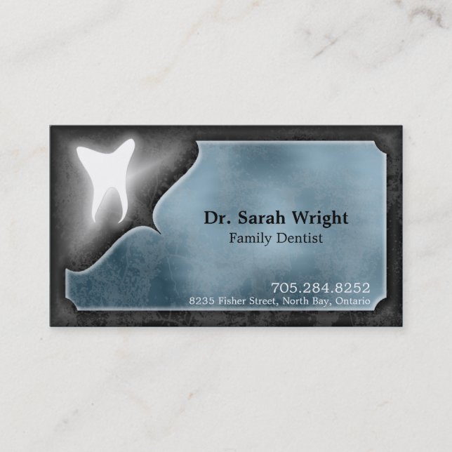 Family Dentist Business Card Glowing Tooth Blue (Front)