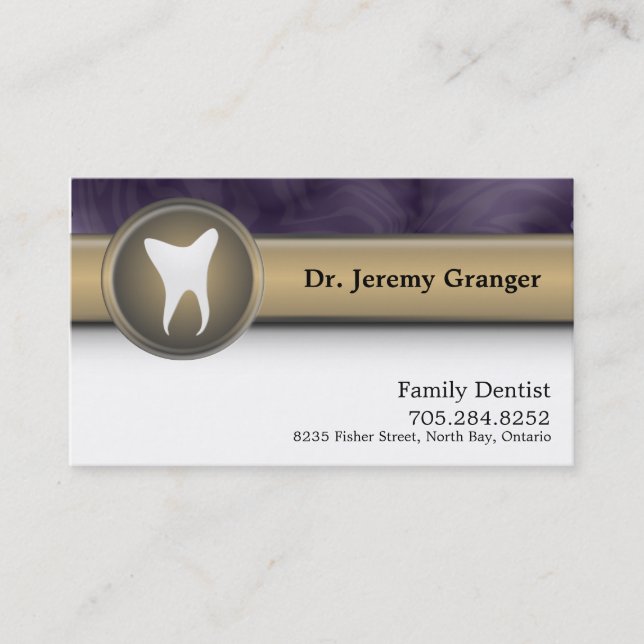 Family Dentist Business Card - Tooth Gold & Purple (Front)