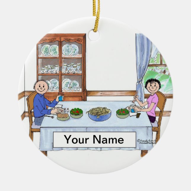 Family Dinner, Couple - Personalised Cartoon Ceramic Tree Decoration (Front)