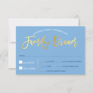 FAMILY DINNER RSVP faux gold type cornflower blue Card