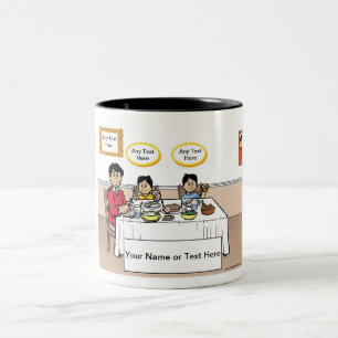 Family Dinner, Single Dad, 2 Boys Cartoon Two-Tone Coffee Mug