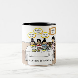 Family Dinner, Single Mum, 1 Boy, 2 Girls Cartoon Two-Tone Coffee Mug