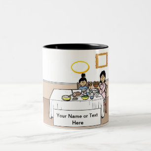 Family Dinner, Single Mum, 1 Girl Cartoon Two-Tone Coffee Mug
