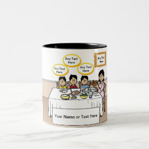 Family Dinner, Single Mum, 3 Boys Cartoon Two-Tone Coffee Mug