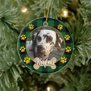 Family Dog photo & bone, paws, Green buffalo Plaid Ceramic Tree Decoration