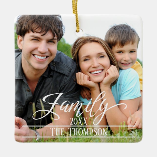Family Elegant Christmas Photo Personalised Name Ceramic Ornament (Front)