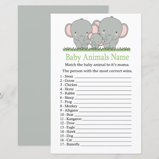 Family elephant Baby Animals Name Game (Front/Back)