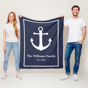 Family Est.Midnight Blue and White Nautical Anchor Fleece Blanket