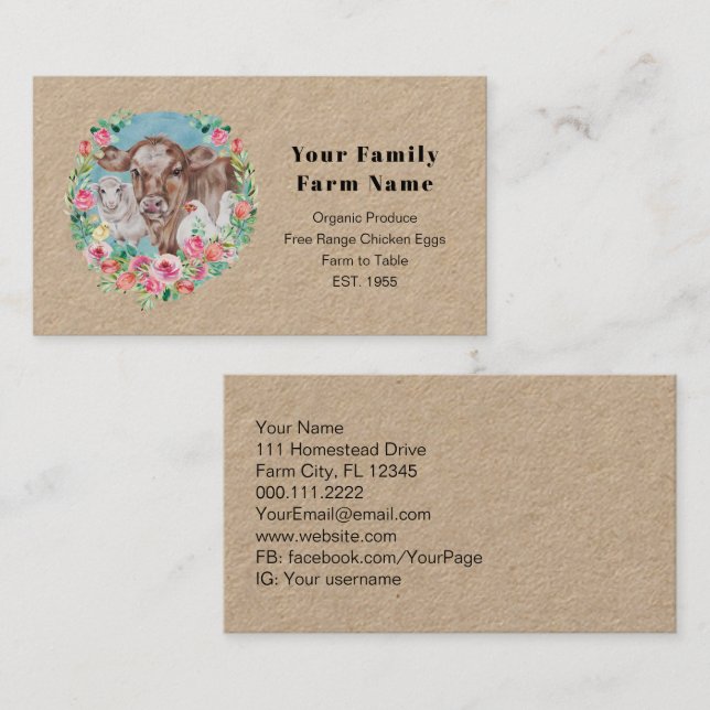 Family Farm Homestead Chicken Cow Market Garden Business Card (Front/Back)