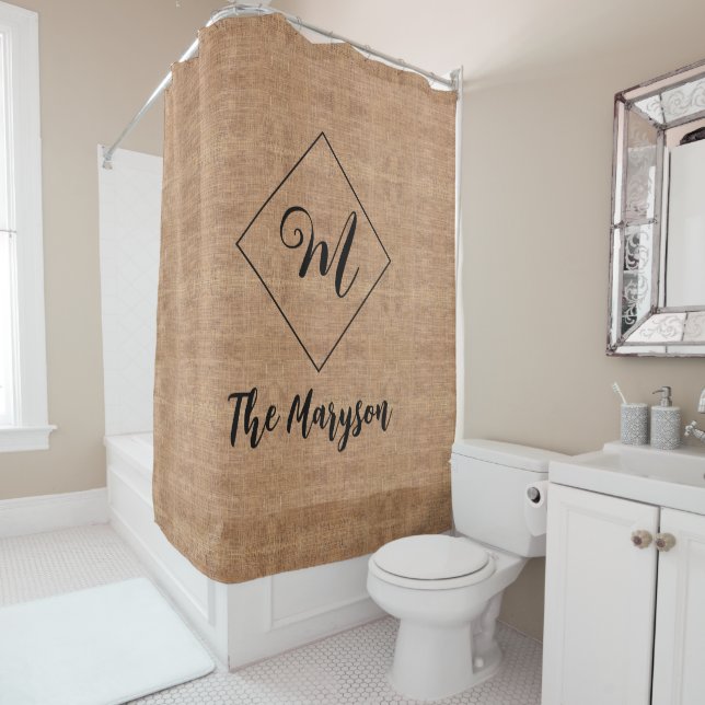 Family Farm House Name, Rustic Monogrammed Burlap Shower Curtain (In Situ)