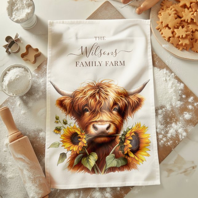 Family Farm Rustic Sunflower Highland Cow Tea Towel (Creator Uploaded)