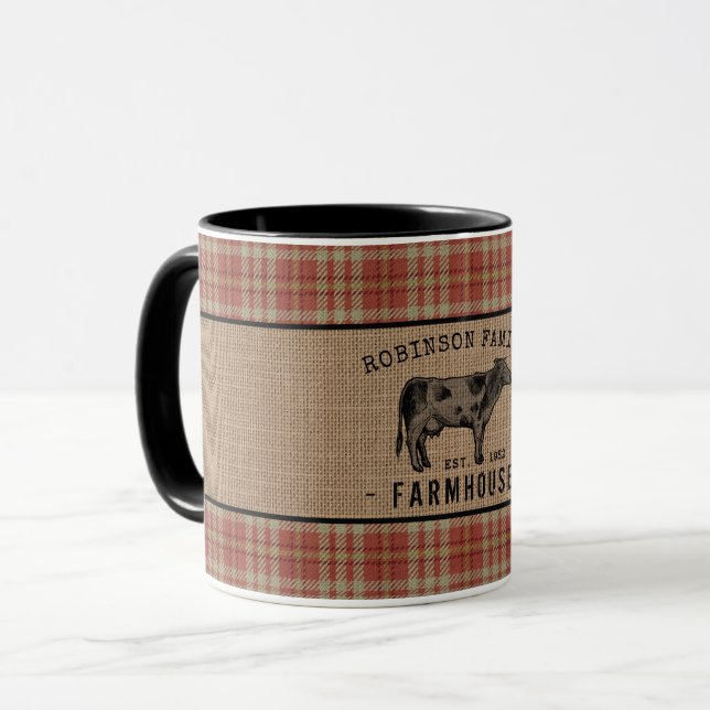 Family Farmhouse Cow Red Plaid Burlap 2 Tone Mug (Front Left)