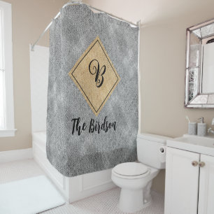 Family FarmHouse Name Monogram, Rustic Grey Burlap Shower Curtain