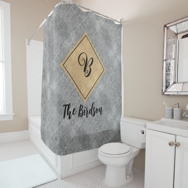 Family FarmHouse Name Monogram, Rustic Grey Burlap Shower Curtain (In Situ)