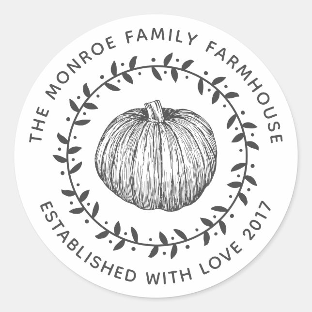 Family Farmhouse Pumpkin Wreath Classic Round Sticker (Front)