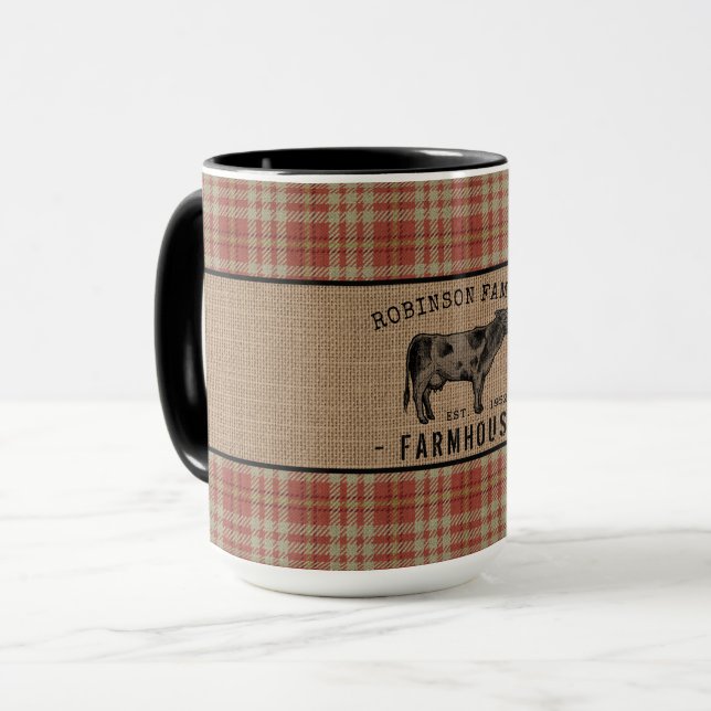 Family Farmhouse Rustic Cow Red Plaid Burlap Big Mug (Front Left)