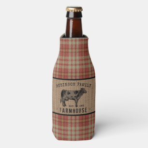 Family Farmhouse Rustic Cow Red Plaid Burlap Bottle Cooler