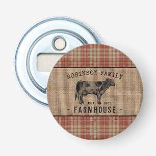 Family Farmhouse Rustic Cow Red Plaid Burlap Bottle Opener