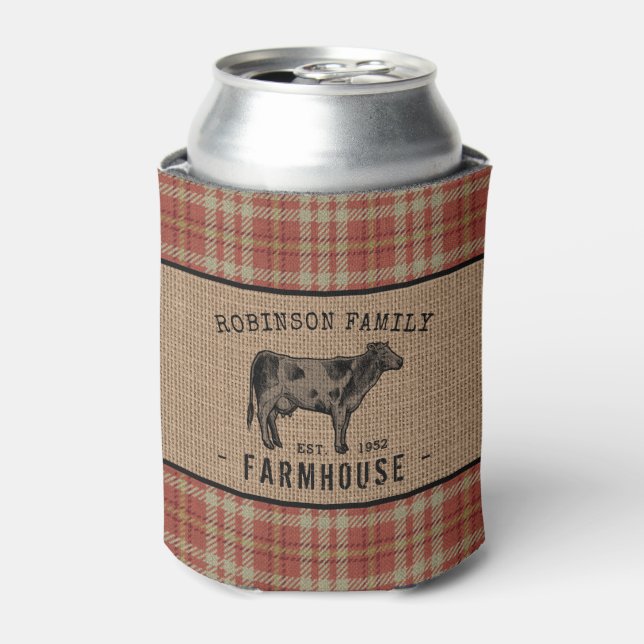 Family Farmhouse Rustic Cow Red Plaid Burlap Can Cooler (Can Front)