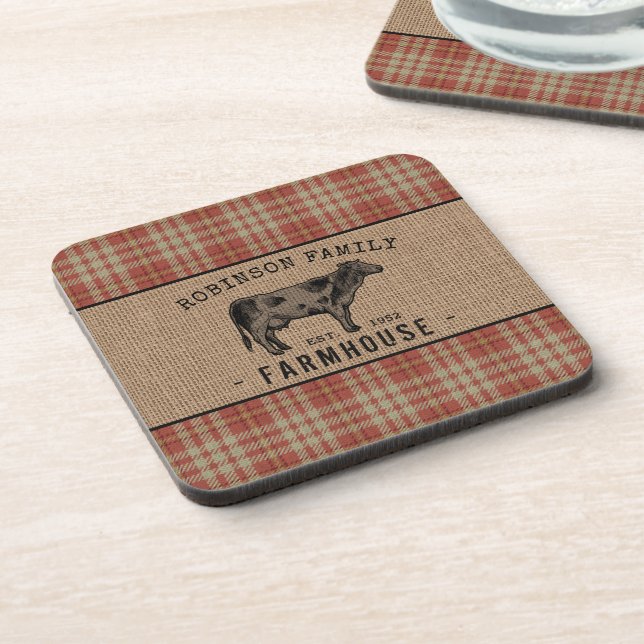 Family Farmhouse Rustic Cow Red Plaid Burlap Coaster (Left Side)