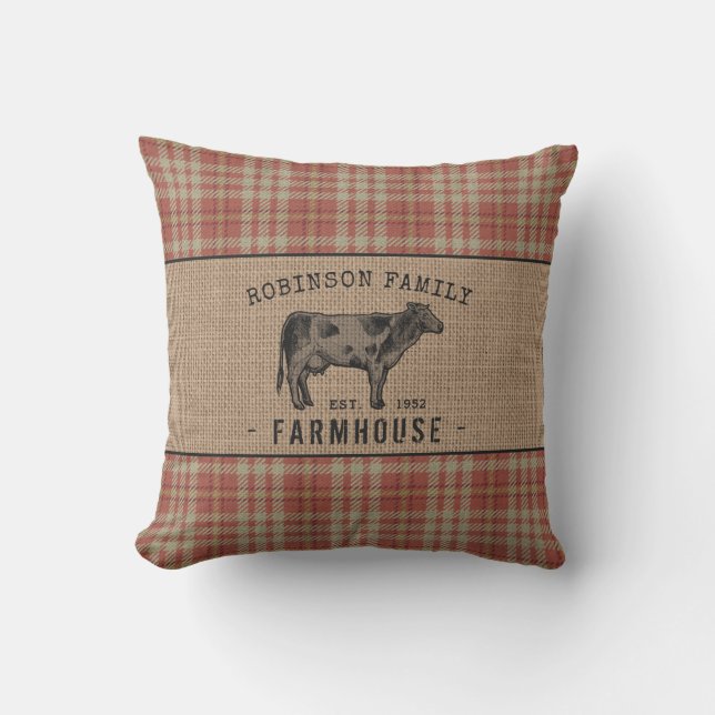 Family Farmhouse Rustic Cow Red Plaid Burlap Cushion (Front)