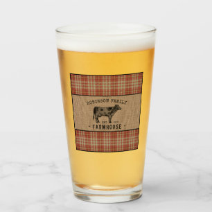 Family Farmhouse Rustic Cow Red Plaid Burlap Glass