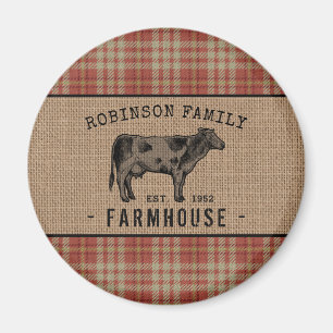 Family Farmhouse Rustic Cow Red Plaid Burlap Round Magnet