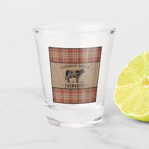 Family Farmhouse Rustic Cow Red Plaid Burlap Shot Glass