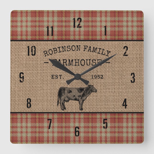 Family Farmhouse Rustic Cow Red Plaid Burlap Square Wall Clock (Front)