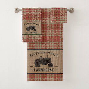 Family Farmhouse Rustic Tractor Red Plaid Burlap Bath Towel Set