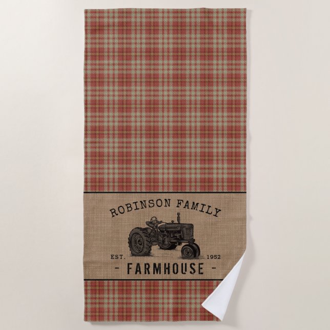 Family Farmhouse Rustic Tractor Red Plaid Burlap Beach Towel (Front)