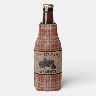 Family Farmhouse Rustic Tractor Red Plaid Burlap Bottle Cooler