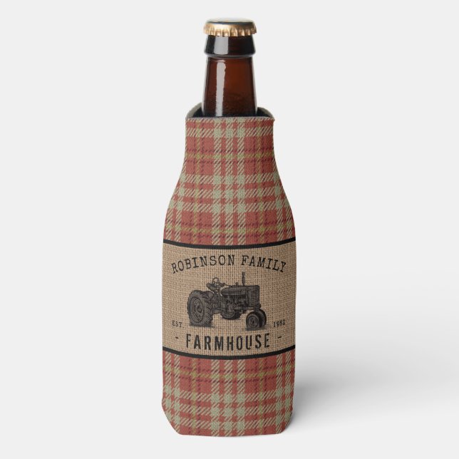 Family Farmhouse Rustic Tractor Red Plaid Burlap Bottle Cooler (Bottle Front)