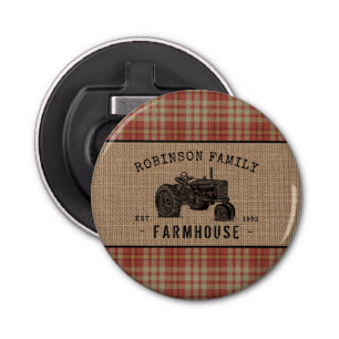 Family Farmhouse Rustic Tractor Red Plaid Burlap Bottle Opener