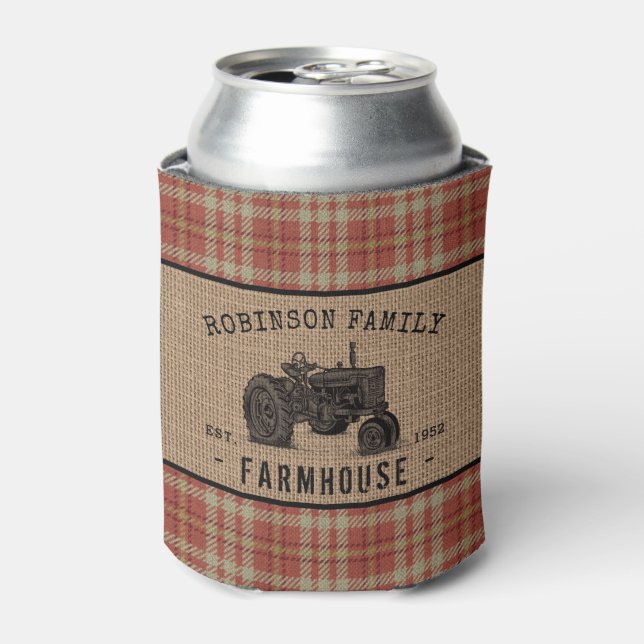 Family Farmhouse Rustic Tractor Red Plaid Burlap Can Cooler (Can Front)