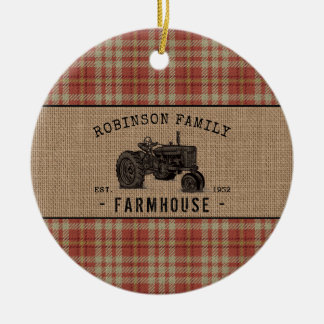 Family Farmhouse Rustic Tractor Red Plaid Burlap Ceramic Tree Decoration