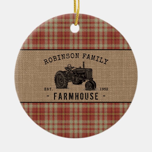 Family Farmhouse Rustic Tractor Red Plaid Burlap Ceramic Tree Decoration (Front)